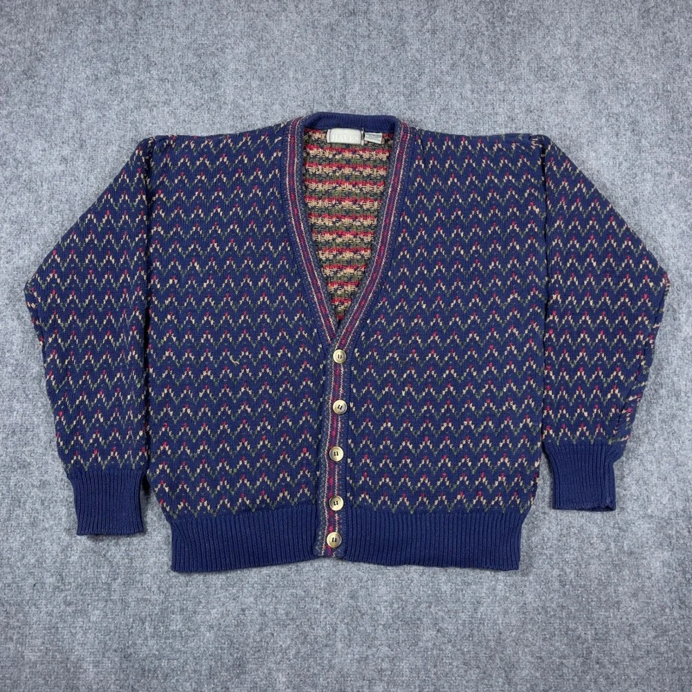 Christopher Hayes Cardigan Mens Large Blue Cotton Linen Chevron Knit Vintage